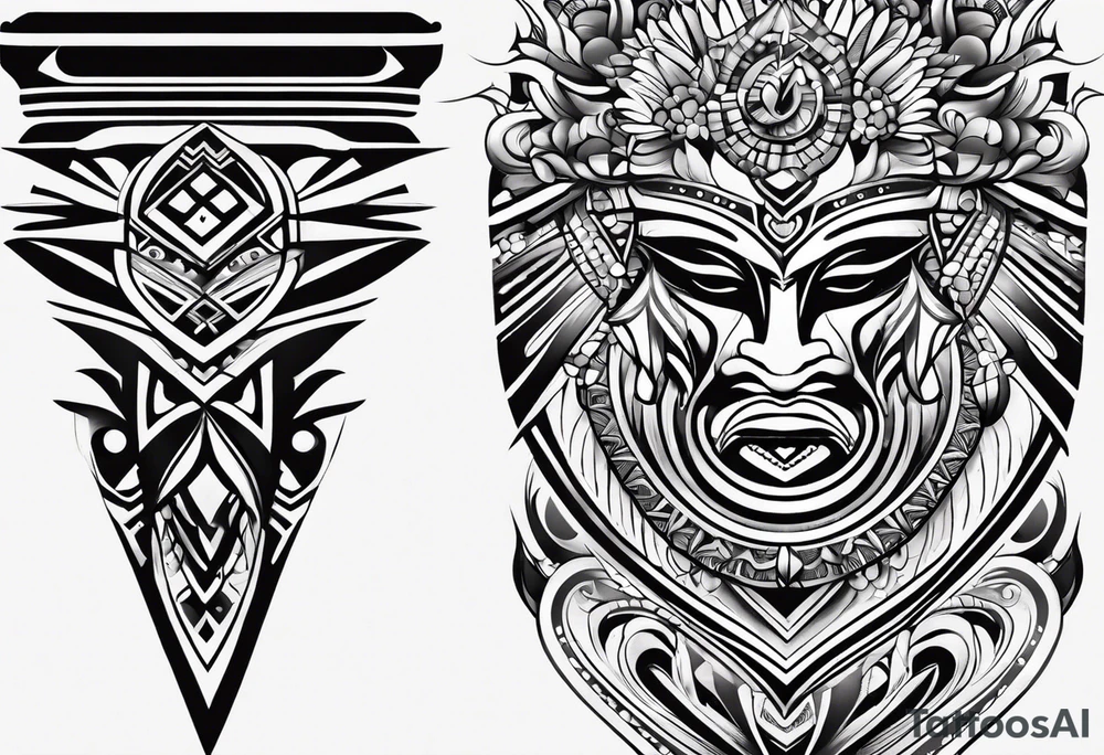 Simple vertical line work with tribal elements (for the bicep area) tattoo idea