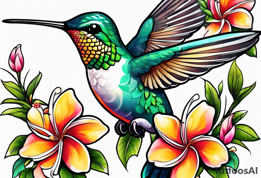 Hummingbird with a plumeria masculine style colorful tattoo idea