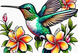 Hummingbird with a plumeria masculine style colorful tattoo idea