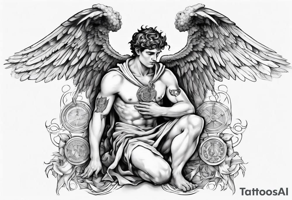 God hermes kneeling with wings wrapped around him tattoo idea