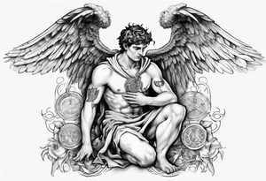 God hermes kneeling with wings wrapped around him tattoo idea