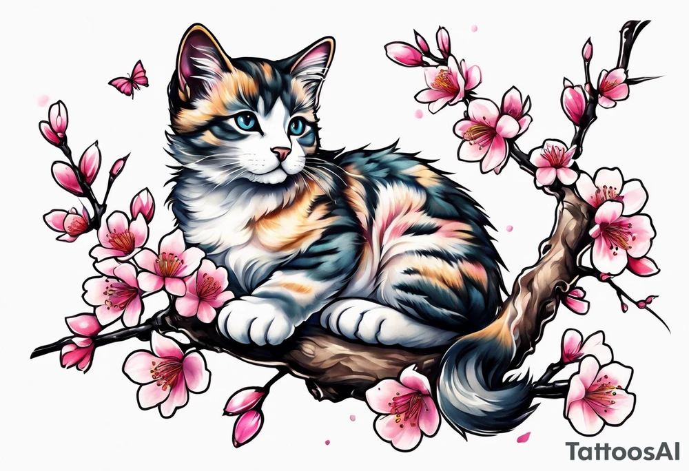 A kitty perched upon a cherry blossom  branch tattoo idea