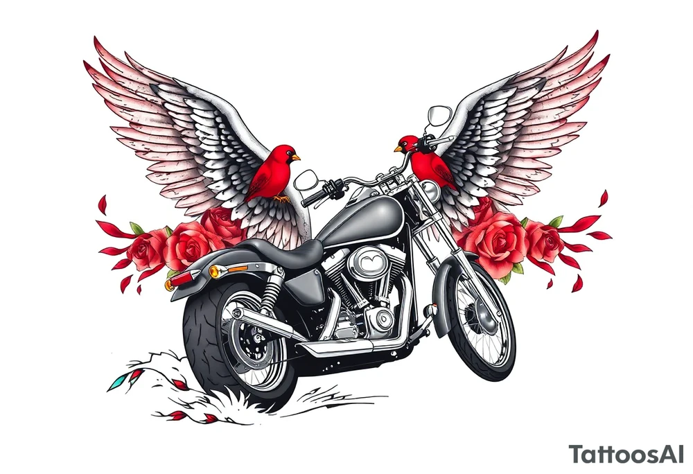 Harley grey motorcycle driving away, two red birds flying, roses, flames, angel wings tattoo idea