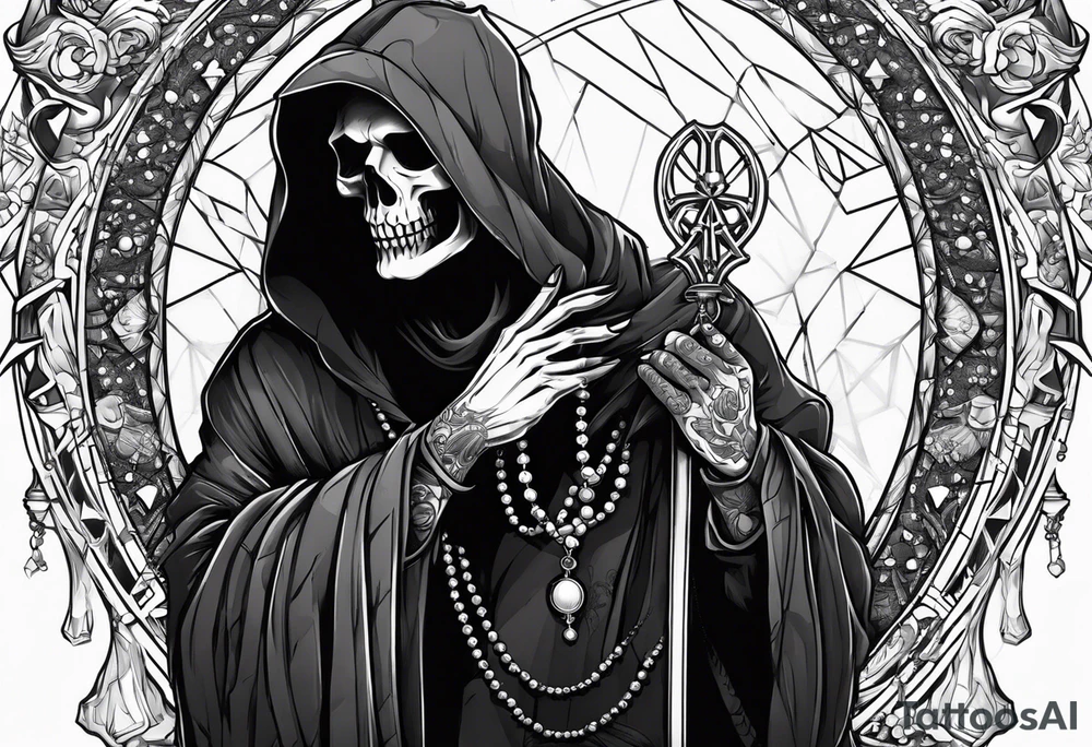 The grim reaper with praying hands and rosary rapped around his hands tattoo idea