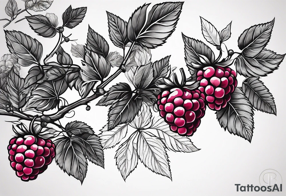 a long raspberry branch that curves to the right and focuses on line work. tattoo idea