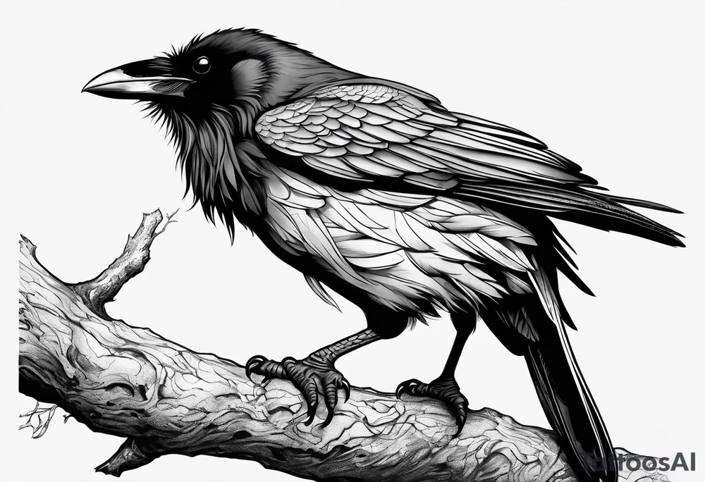raven perched on branch tattoo idea