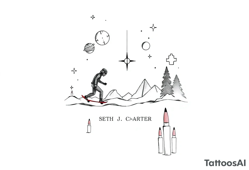 memorial, futuristic, star wars, space, skateboarding, camping, puzzle pieces, video games, heaven, god, outdoors, bullets, Harley Davidson, 
Seth J. Carter AKA "Darth Carter"
12/29/88-01/06/2025 tattoo idea