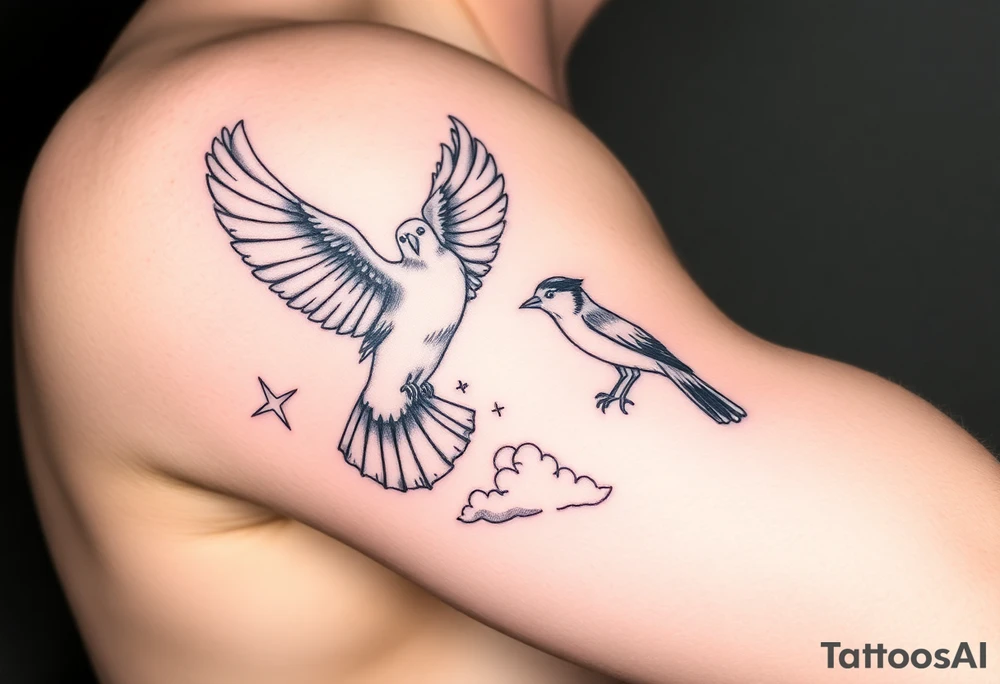 Dove and a blue jay, clouds, shining light to or from heaven tattoo idea
