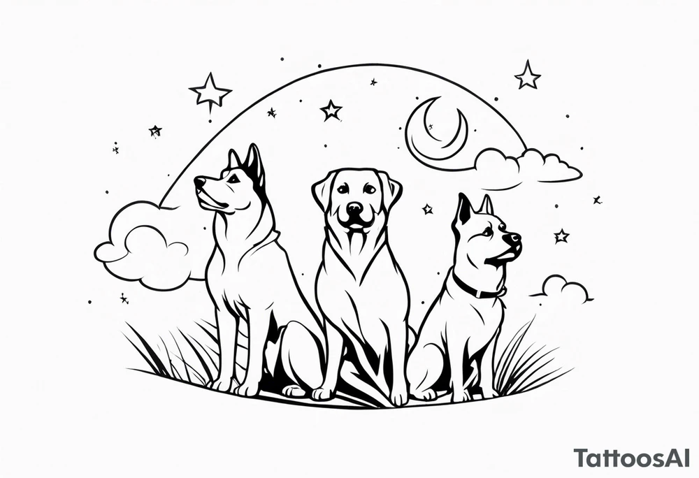 3 dogs looking up at the night sky tattoo idea