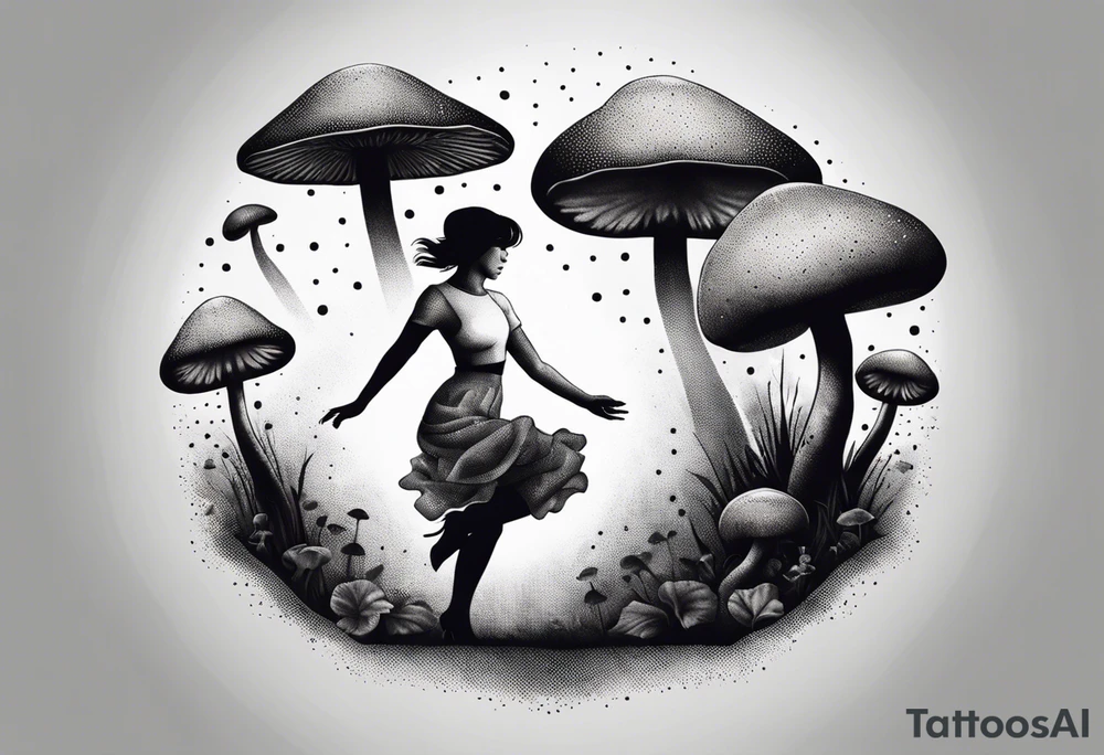 woman dancing around a mushroom tattoo idea