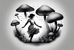 woman dancing around a mushroom tattoo idea