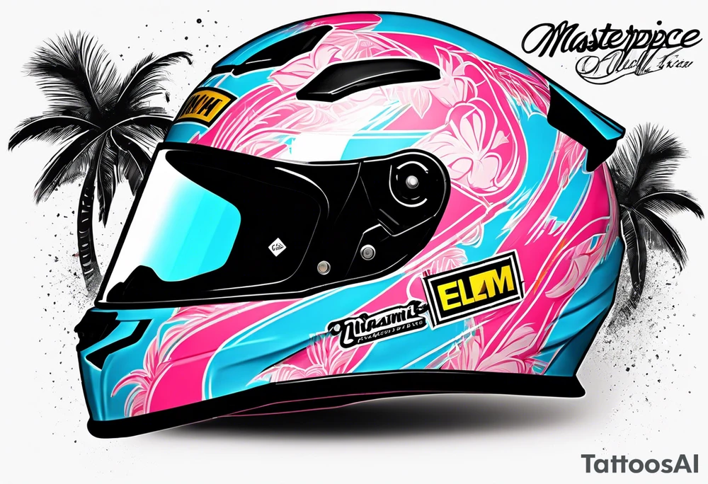 Formula 1 helment with the Miami name a palm tree and light blue black and pink colors 3/4 view tattoo idea