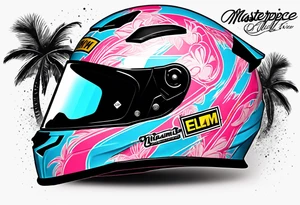 Formula 1 helment with the Miami name a palm tree and light blue black and pink colors 3/4 view tattoo idea