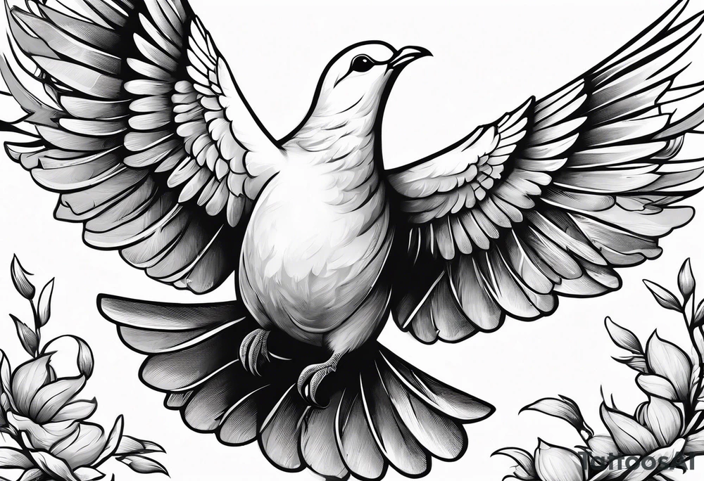 Dove soring through the air an olive branch in its beak whipping behind tattoo idea