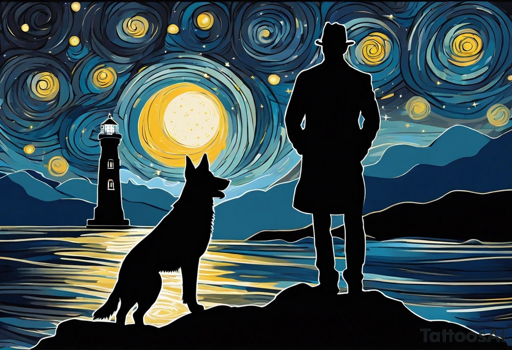 A silhouette of a german shephard, and an adult human male, looking up at a night sky in the style of Van Gogh Starry Night with a lighthouse in the background. Must be narrow and tall to fit on an upper arm. tattoo idea