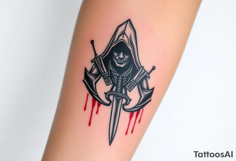 Assassins Creed emblem with Ezio hooded character, no face, with blood splashes and a sword through the entire tattoo tattoo idea