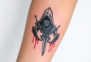 Assassins Creed emblem with Ezio hooded character, no face, with blood splashes and a sword through the entire tattoo tattoo idea
