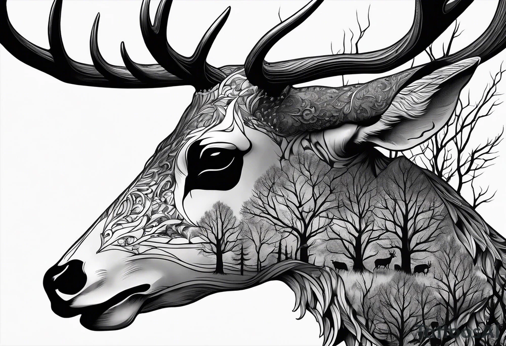 A side view of a dead deer skull surrounded by trees and fire tattoo idea