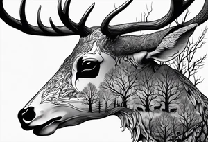 A side view of a dead deer skull surrounded by trees and fire tattoo idea