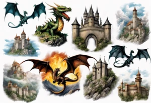 3 dragons flying around the highest part of the castle, defending it from a village with angry people, angry villagers around the castle, realistic tattoo idea
