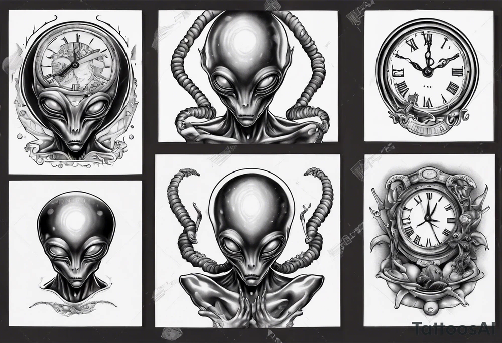 Alien holding a clock tattoo idea