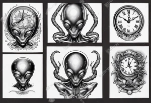 Alien holding a clock tattoo idea