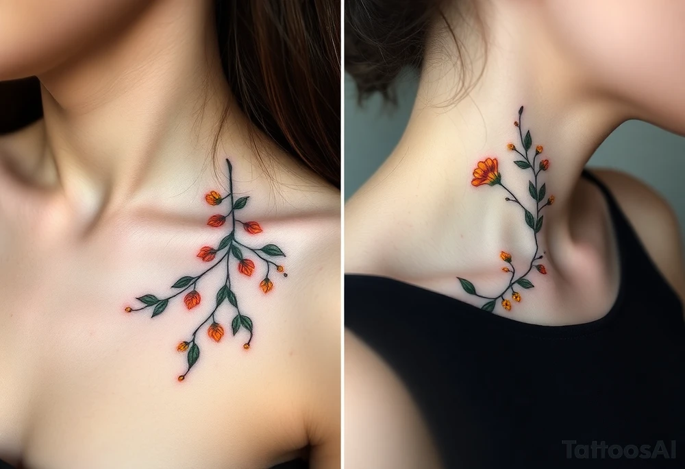 Two separate collarbone tattoos of long, stems and branches covered with red, orange, yellow and dark forest green leaves and flowers, academia, witchy, muted, delicate and gentle but moody, long and thin, following the collarbone. More muted, not so bright, darker colors. Fewer amount of leaves, larger leaves. Less flowers and leaves. tattoo idea