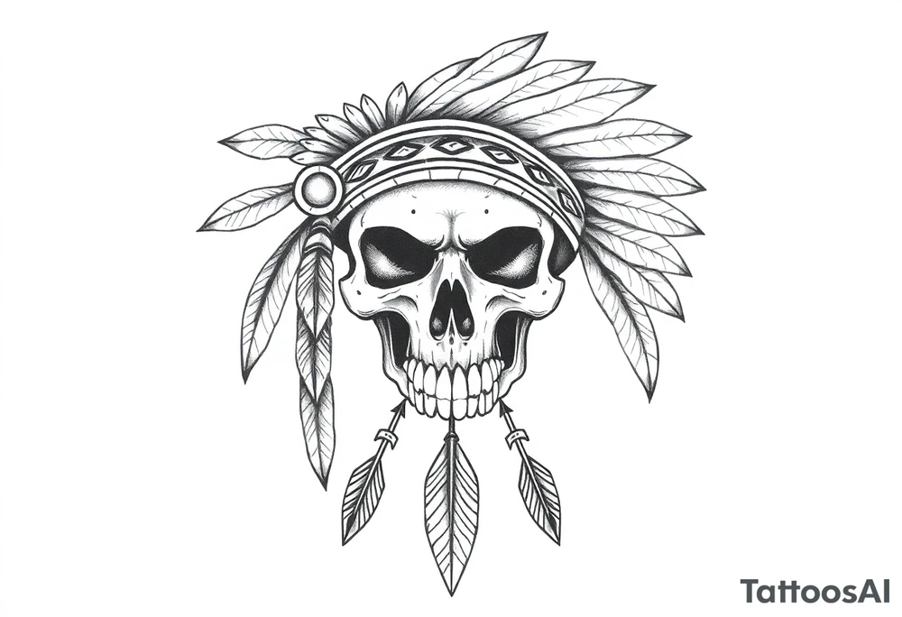 Native American skull with head dress and arrows below tattoo idea