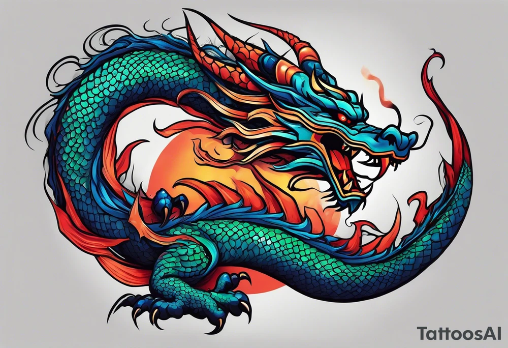 An epic floating asian dragon. Its long body coiling dynamically, with scales and horns detailed to create a sense of movement and strength. The dragon's color is giving a vibrant depth and a mystical aura. This tattoo highlights the dragon’s fierce expression and sharp claws. tattoo idea