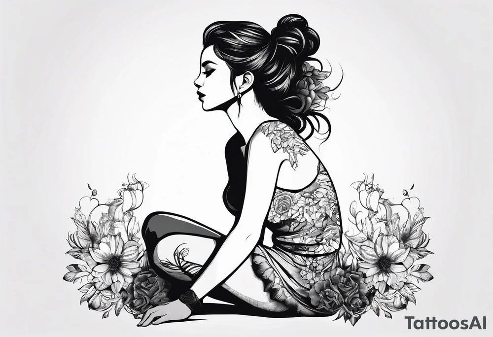 silhouette of a girl with a flower head, kneeling tattoo idea