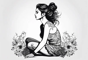 silhouette of a girl with a flower head, kneeling tattoo idea