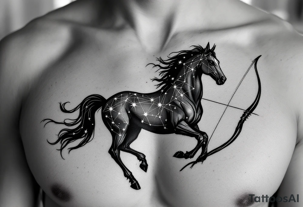 A half-human, half-horse centaur silhouette holding a bow, with the Sagittarius stars constellation in metallic white across the chest. tattoo idea