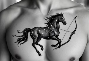 A half-human, half-horse centaur silhouette holding a bow, with the Sagittarius stars constellation in metallic white across the chest. tattoo idea