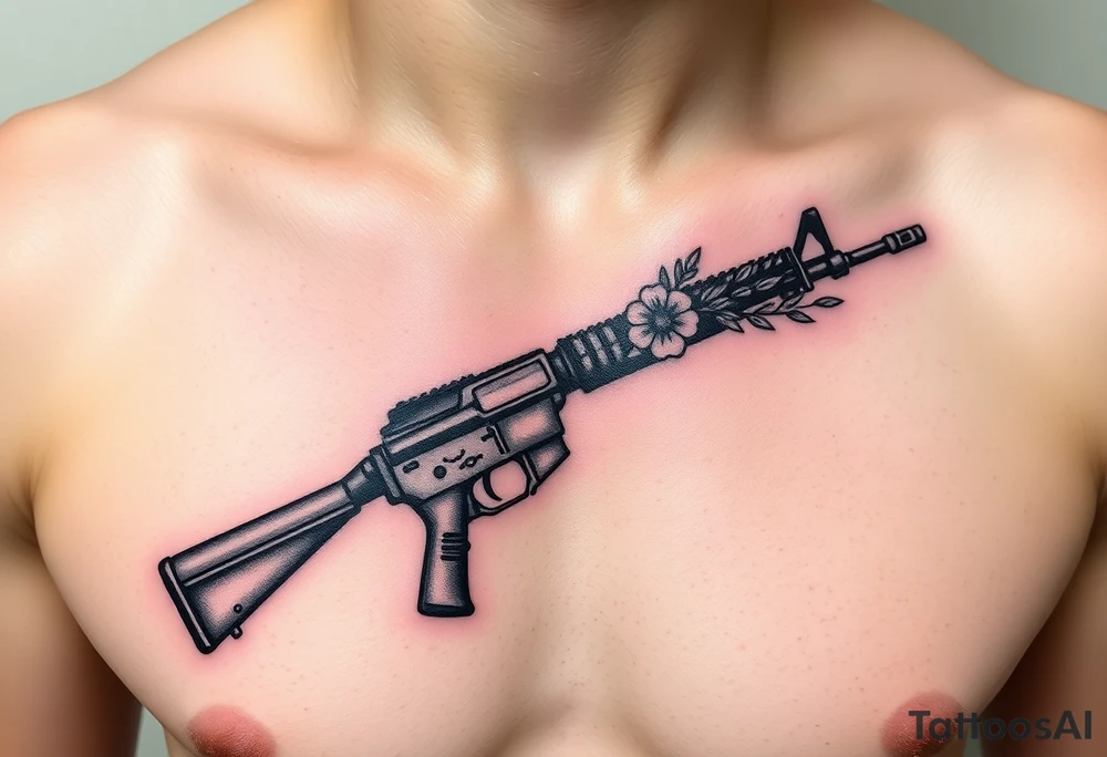 ak 47 black silhouette with floral details tattoo idea