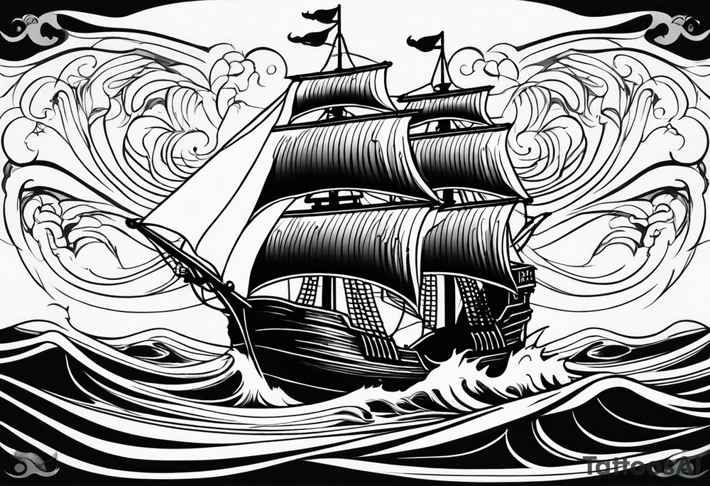 Black pearl pirate ship with waves tattoo idea