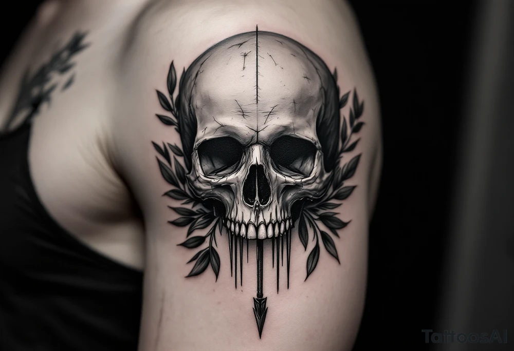 a skull whose head would be pierced by needles under the head go a long an  arrow and surrounded by a olive tree leaf around tattoo idea