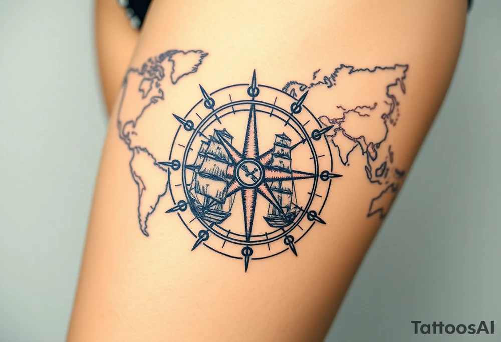 antique compass rose overlaid on weathered world map with sailing ships tattoo idea