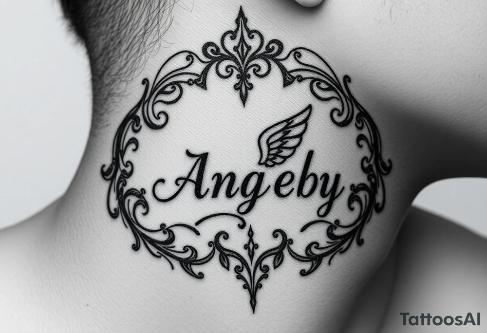 Heaven love theme surrounding the name angel baby tattoo idea