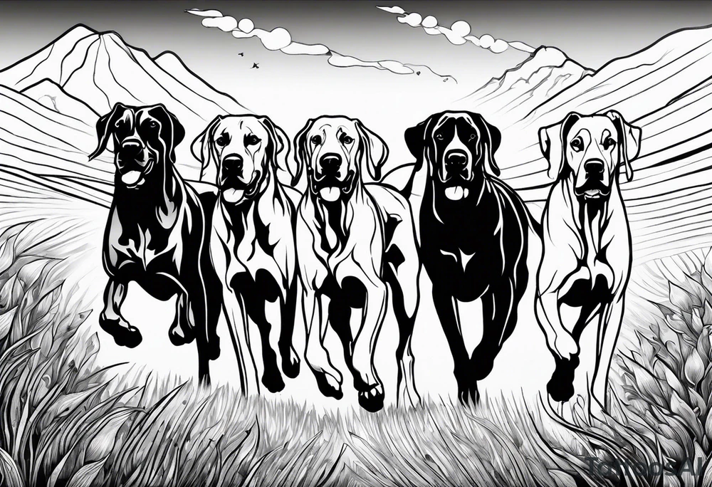 full arm sleeve. Rolling fields and Tennessee mountains with (4) Four Great Dane floppy ear dogs running together in the field tattoo idea
