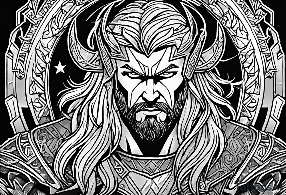 The Mighty Thor that looks like the Chris Hemsworth version with lightning in the background tattoo idea