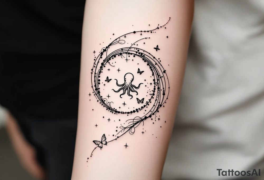 A minimalist dotwork tattoo design in the shape of a spiral galaxy. In the center, a small octopus is subtly integrated into the swirl, with flowing tentacles that extend along the spiral arms. The tentacles transform into elegant, curving lines resembling the flowing tails of koi or betta fish, partially in black ink and partially in fine red lines. Small stars are scattered throughout the galaxy shape, and two delicate butterflies hover near the edges. Style: cosmic abstraction, dotwork, fine line, with elements of Japanese graphic tattoo flow, minimalist, octopus psychedelic dotwork sacred geometry sleeve tattoo idea