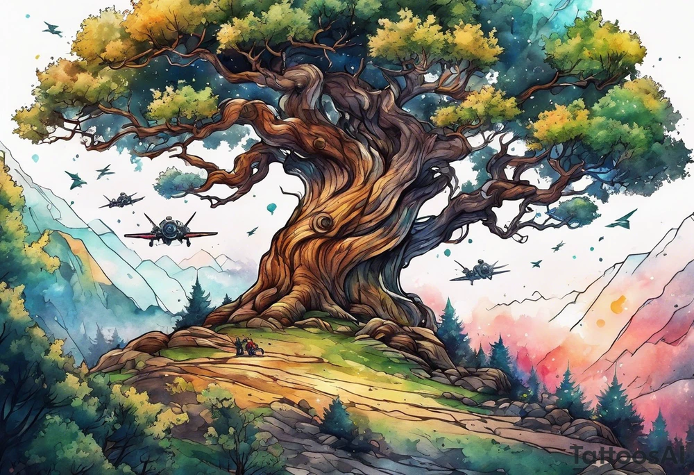 Tree with Star fighters in the background tattoo idea