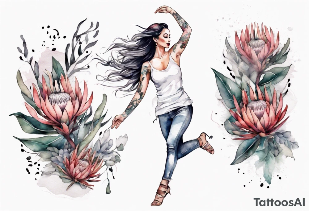 Very feminine tattoo with a woman dancing in a wind of protea flowers tattoo idea