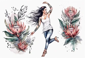 Very feminine tattoo with a woman dancing in a wind of protea flowers tattoo idea