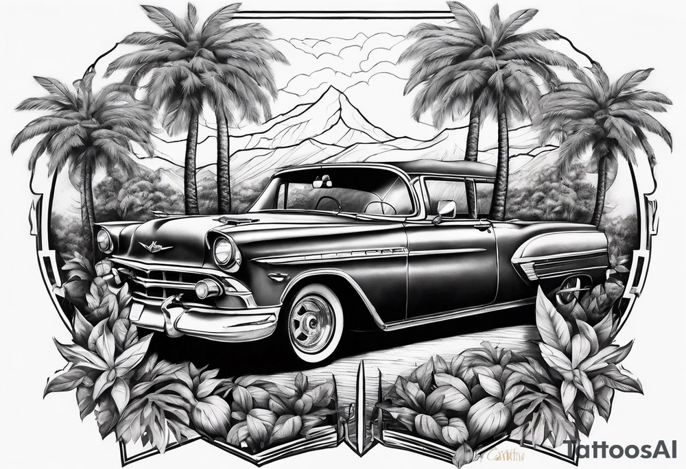 full chest tattoo with plam trees and car california style tattoo idea