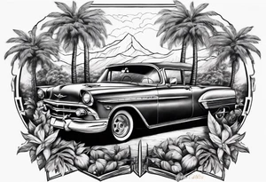 full chest tattoo with plam trees and car california style tattoo idea