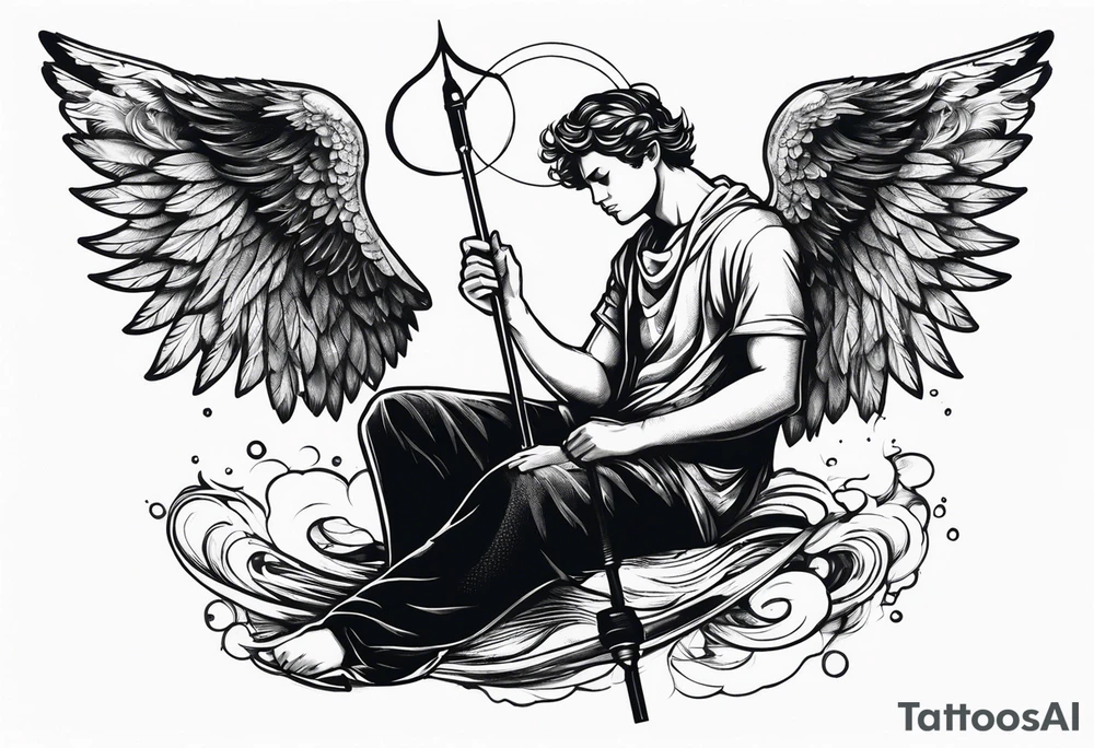 male angel with wings and a halo sitting peacefully with fishing rod tattoo idea