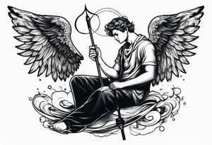 male angel with wings and a halo sitting peacefully with fishing rod tattoo idea