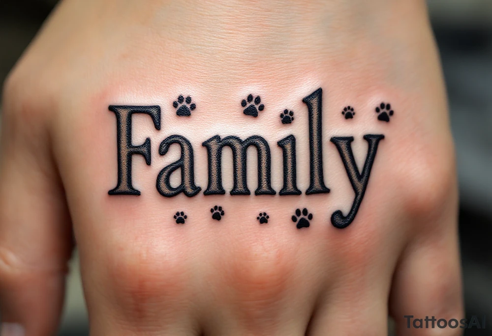 Pawprint Family Tattoo – "Family" written in rustic, bold font, with paw prints scattered around the text, in black and earthy brown tones, signifying the family pets as part of the family. tattoo idea
