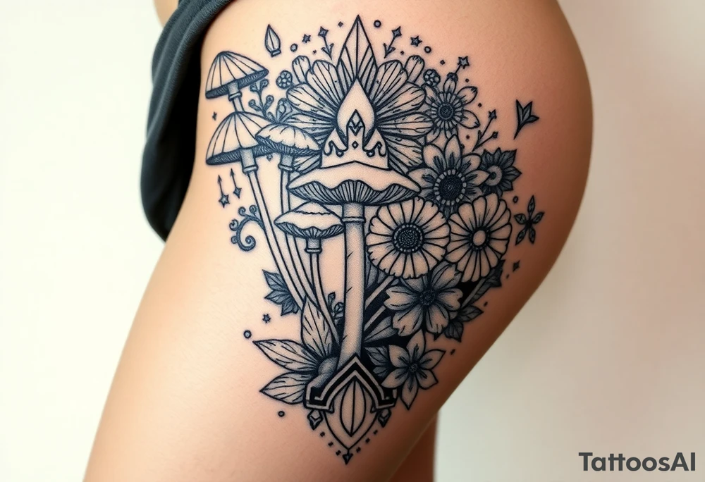 Could you possible make me a nature tattoo with mushrooms crystals  flowers mandala boho but vibrant colorful and psychedelic colorful too that would wrap from front of hip around side to mid back to cover an existing one tattoo idea